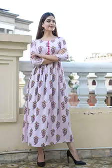 Pink Printed Rayon Flared Kurti