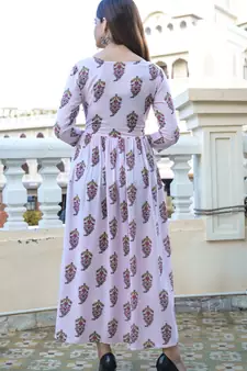 Pink Printed Rayon Flared Kurti