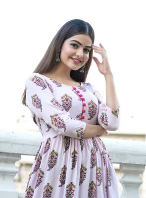 Pink Printed Rayon Flared Kurti 4