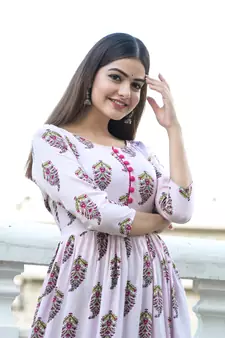 Pink Printed Rayon Flared Kurti