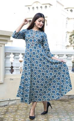 Blue Printed Rayon Flared Kurti 1