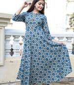 Blue Printed Rayon Flared Kurti
