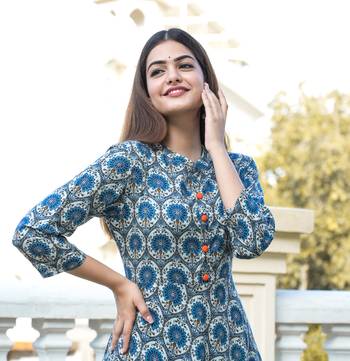 Blue Printed Rayon Flared Kurti 4