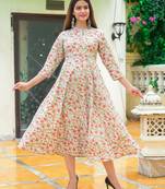 Red Gold Printed Cotton Flared Kurti