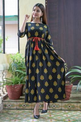 Black Printed Rayon Flared Kurti 1