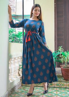 Blue Printed Rayon Flared Kurti 1