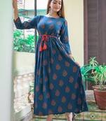 Blue Printed Rayon Flared Kurti