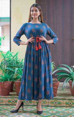 Blue Printed Rayon Flared Kurti 2