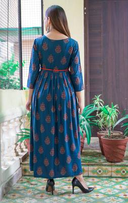 Blue Printed Rayon Flared Kurti 3