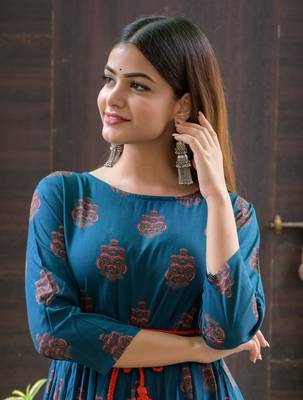 Blue Printed Rayon Flared Kurti 4
