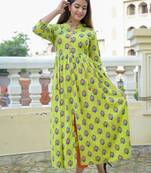 Green Printed Rayon Front Slit Flared Kurti