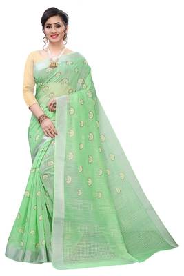 Parrot Green Woven Blended Cotton Saree With Blouse 1