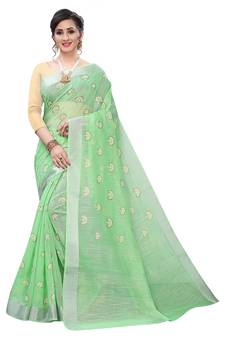 Parrot Green Woven Blended Cotton Saree With Blouse