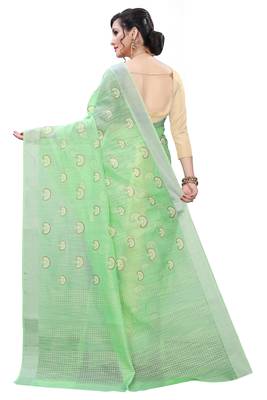 Parrot Green Woven Blended Cotton Saree With Blouse 2