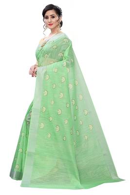 Parrot Green Woven Blended Cotton Saree With Blouse 3