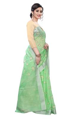 Parrot Green Woven Blended Cotton Saree With Blouse 4