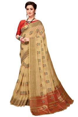 Cream woven cotton silk saree with blouse 1