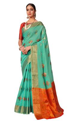 Aqua blue woven cotton silk saree with blouse 1