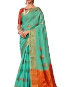 Aqua blue woven cotton silk saree with blouse