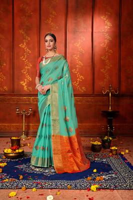 Aqua blue woven cotton silk saree with blouse 2