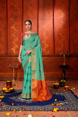 Aqua blue woven cotton silk saree with blouse 3