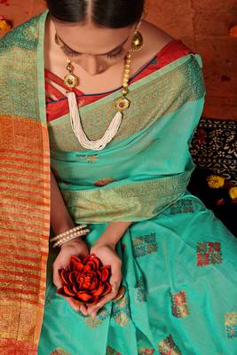 Aqua blue woven cotton silk saree with blouse 4