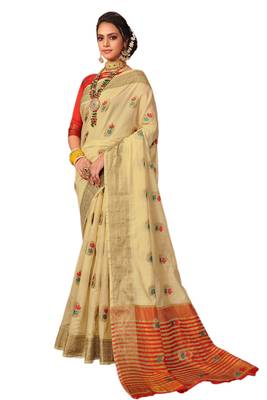 Cream woven cotton silk saree with blouse 1