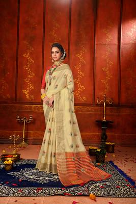 Cream woven cotton silk saree with blouse 2
