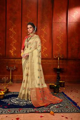 Cream woven cotton silk saree with blouse 3