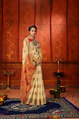 Cream woven cotton silk saree with blouse 4