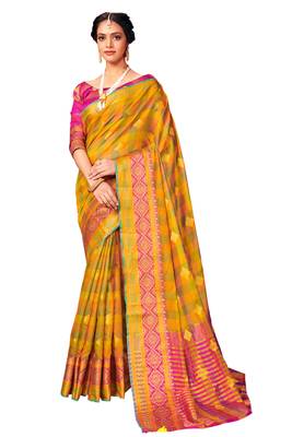 Yellow woven cotton silk saree with blouse 1