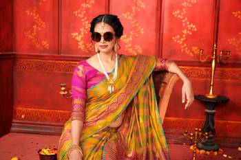 Yellow woven cotton silk saree with blouse 2