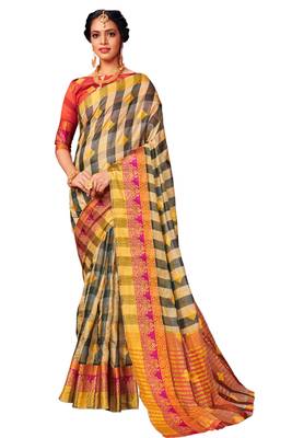 Beige woven cotton silk saree with blouse 1