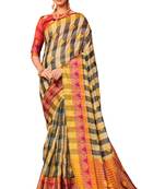Beige woven cotton silk saree with blouse