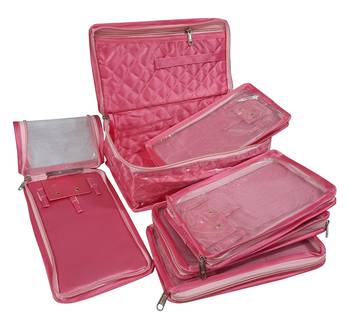 ATORAKUSHON   SATIN PINK MULTIPURPOSE MAKE UP POUCH JEWELLERY COSMETIC ORGANIZER NECKLACE POUCHES TRAVELING KIT set of 2 3