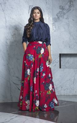 Maroon printed crepe Semi Stitched bridal lehenga 1
