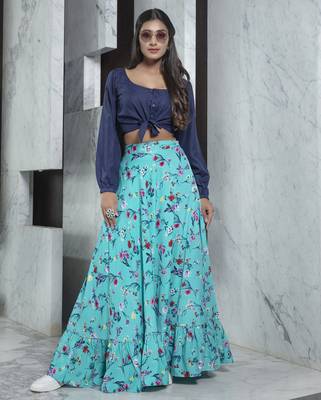 Sky-blue printed crepe Semi Stitched bridal lehenga 1