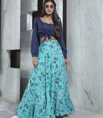 Sky-blue printed crepe Semi Stitched bridal lehenga
