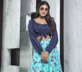 Sky-blue printed crepe Semi Stitched bridal lehenga 2
