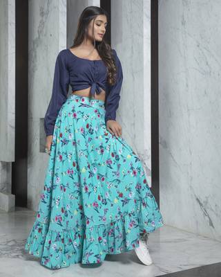 Sky-blue printed crepe Semi Stitched bridal lehenga 3
