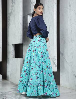 Sky-blue printed crepe Semi Stitched bridal lehenga 4
