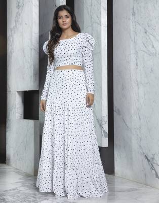 White printed crepe Semi Stitched bridal lehenga 1