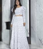 White printed crepe Semi Stitched bridal lehenga