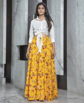 Yellow printed crepe Semi Stitched bridal lehenga 1