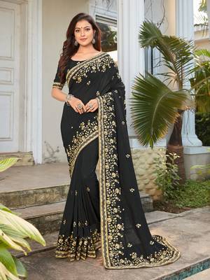 Black embroidered poly silk saree with blouse 1