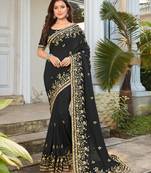 Black embroidered poly silk saree with blouse