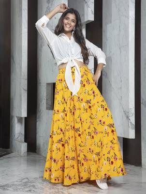 Yellow printed crepe Semi Stitched bridal lehenga 2