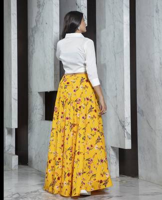 Yellow printed crepe Semi Stitched bridal lehenga 3