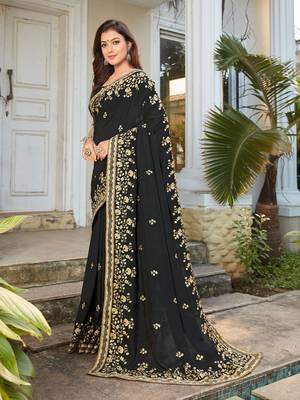 Black embroidered poly silk saree with blouse 2