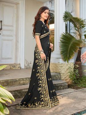 Black embroidered poly silk saree with blouse 3